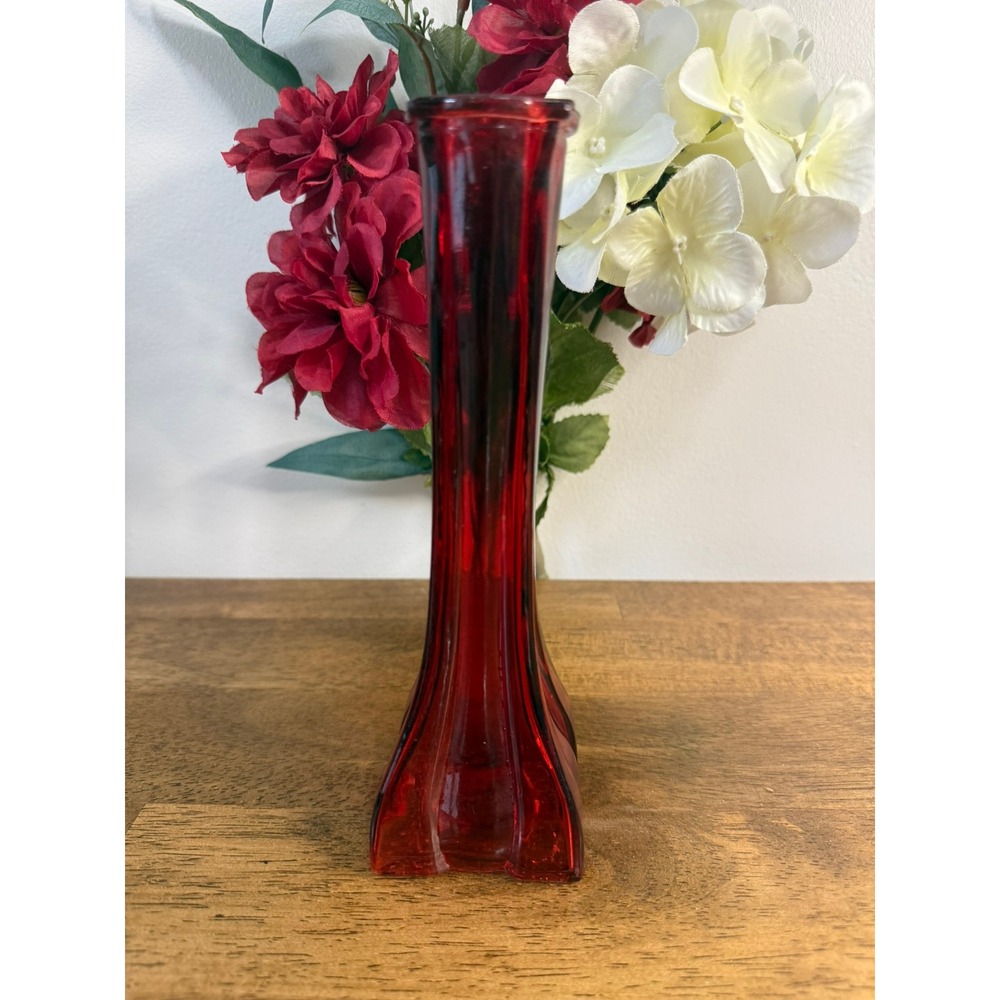 Vintage Ruby Red Flashed Glass Bud Vase Tall Ribbed Geometric Art Deco Style